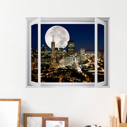 cw798-달이빛나는캘리포니아의야경 /창문그림액자(중형)/디자인벽지/그림시트지