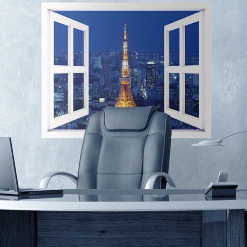 뮤럴시트지 ih100-타워풍경이보이는창문스티커(블루)