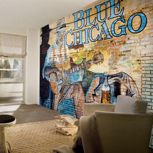 뮤럴벽지 디자인벽지 (PW2700) 블루 시카고 /인테리어벽지/아트벽지/대형타이포/벽화/뮤지션/재즈카페벽지