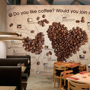 뮤럴벽지 디자인벽지 (PW10590) COFFEE LOVE /인테리어벽지/아트벽지/커피콩/원두/사진/레터링/카페벽지