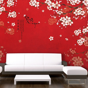 뮤럴벽지 디자인벽지 (NW4930) 사면춘풍 /인테리어벽지/아트벽지/벚꽃/동양풍/한국화/나무/레터링/거실벽지