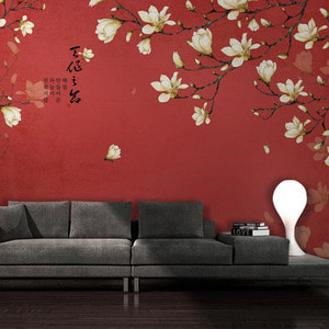 뮤럴벽지 디자인벽지 (NW5430) 천작지합 /인테리어벽지/아트벽지/동양풍/레터링/꽃/목련/봄/꽃나무/거실벽지