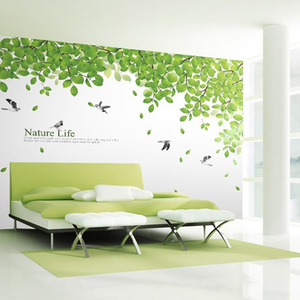 뮤럴벽지 디자인벽지 (NW5650) 나뭇잎향기2 /인테리어벽지/아트벽지/나무/새/레터링/거실벽지/카페벽지