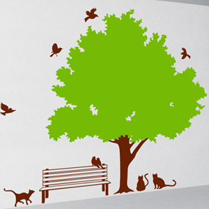 그래픽스티커 ij087-나무아래 휴식 취하는 고양이와 새들